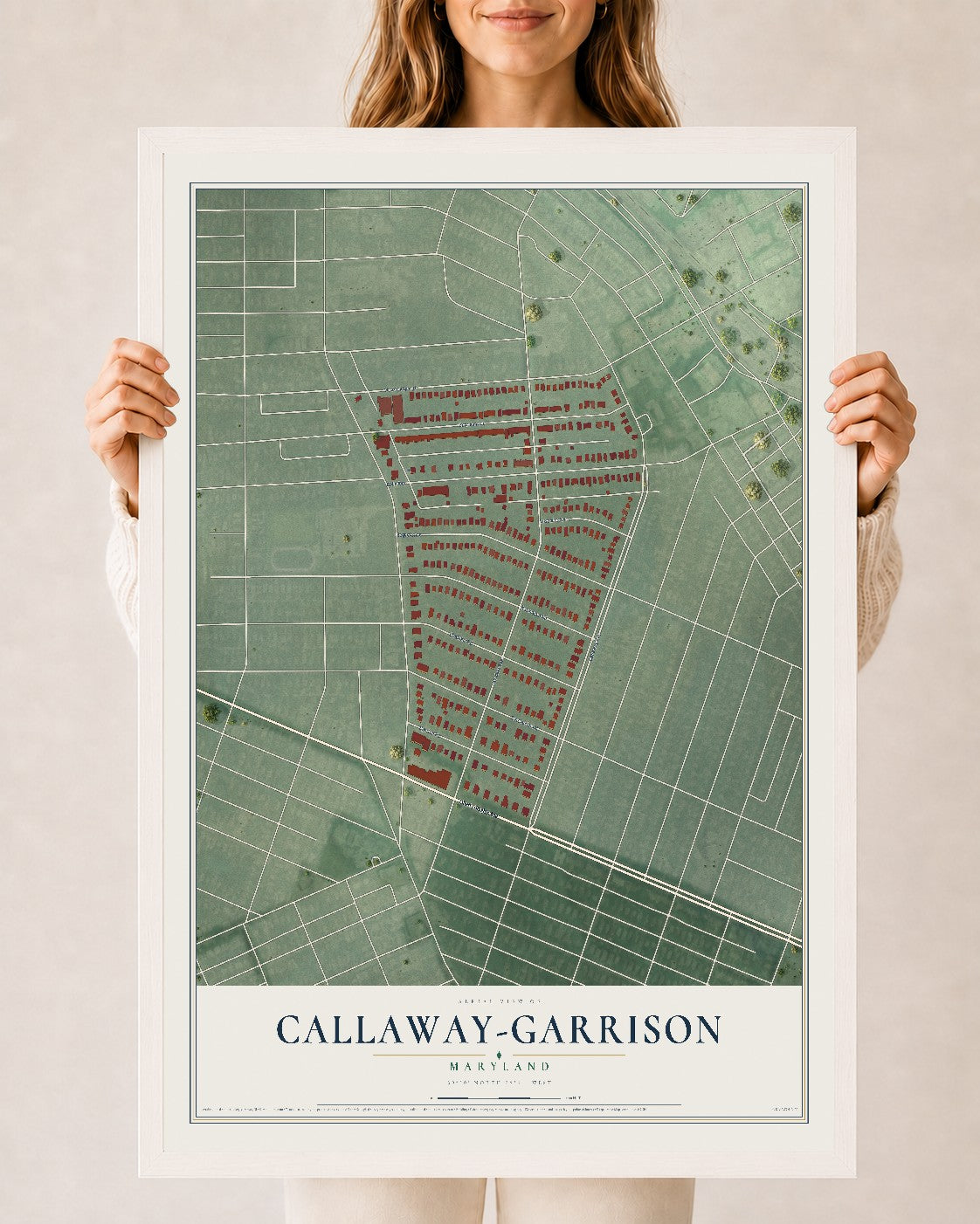 Map of Callaway-Garrison, Maryland, 24 x 36 inch print in a white wood frame