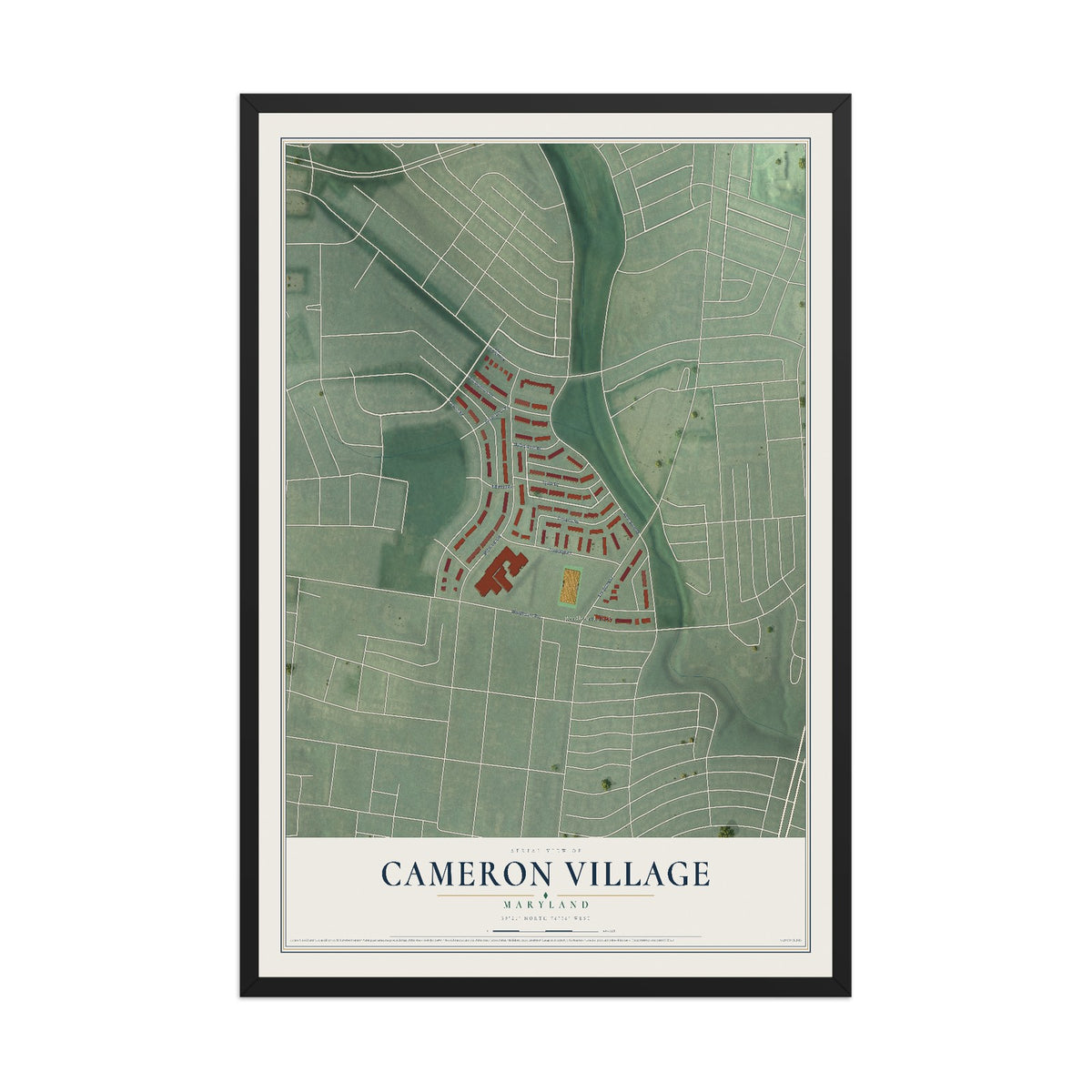 Map of Cameron Village, Maryland, 12 x 18 inch print in a black wood frame
