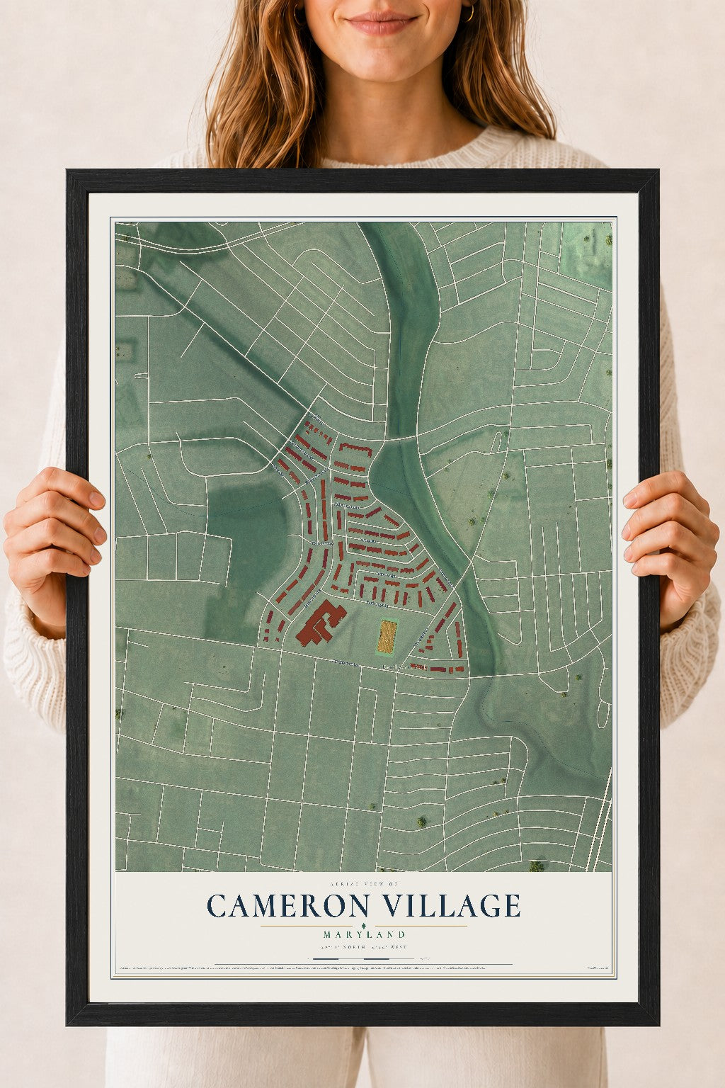 Map of Cameron Village, Maryland, 18 x 24 inch print in a black wood frame