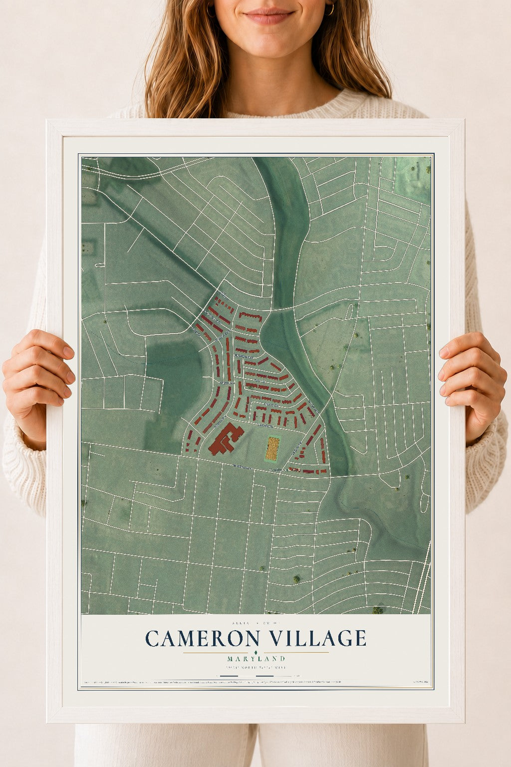 Map of Cameron Village, Maryland, 18 x 24 inch print in a white wood frame