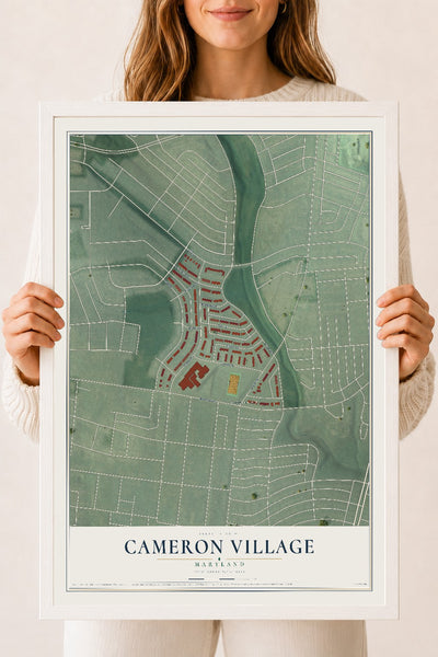 Map of Cameron Village, Maryland, 18 x 24 inch print in a white wood frame