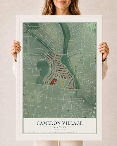Map of Cameron Village, Maryland, 24 x 36 inch print in a white wood frame