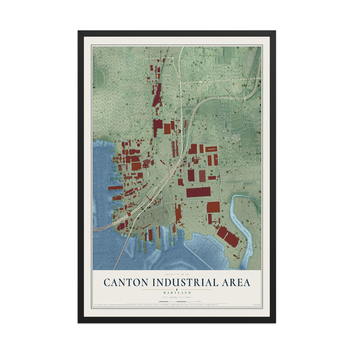 Map of Canton Industrial Area, Maryland, 12 x 18 inch print in a black wood frame