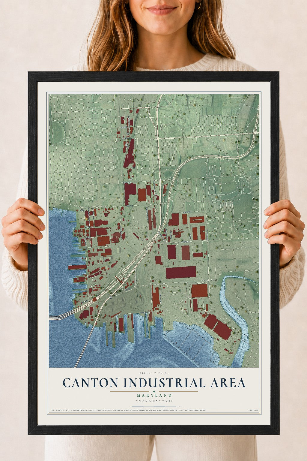 Map of Canton Industrial Area, Maryland, 18 x 24 inch print in a black wood frame