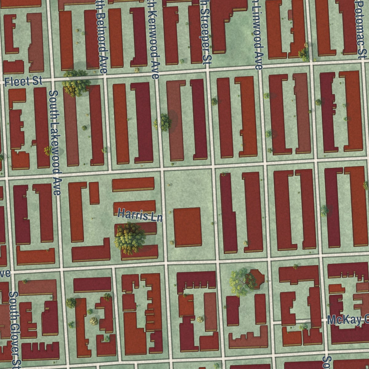 Second close-up of the map of Canton, Maryland print showing more streets and buildings