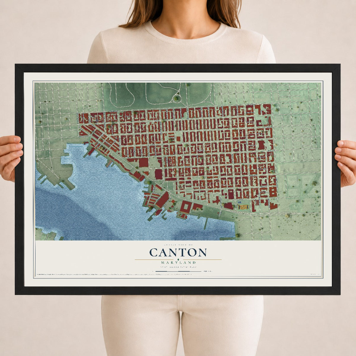 Map of Canton, Maryland, 18 x 24 inch print in a black wood frame