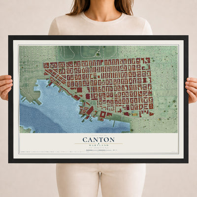 Map of Canton, Maryland, 18 x 24 inch print in a black wood frame