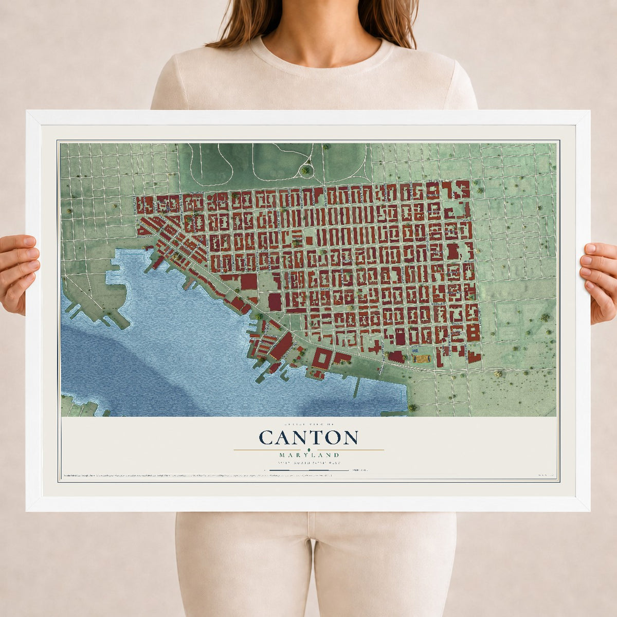 Map of Canton, Maryland, 18 x 24 inch print in a white wood frame