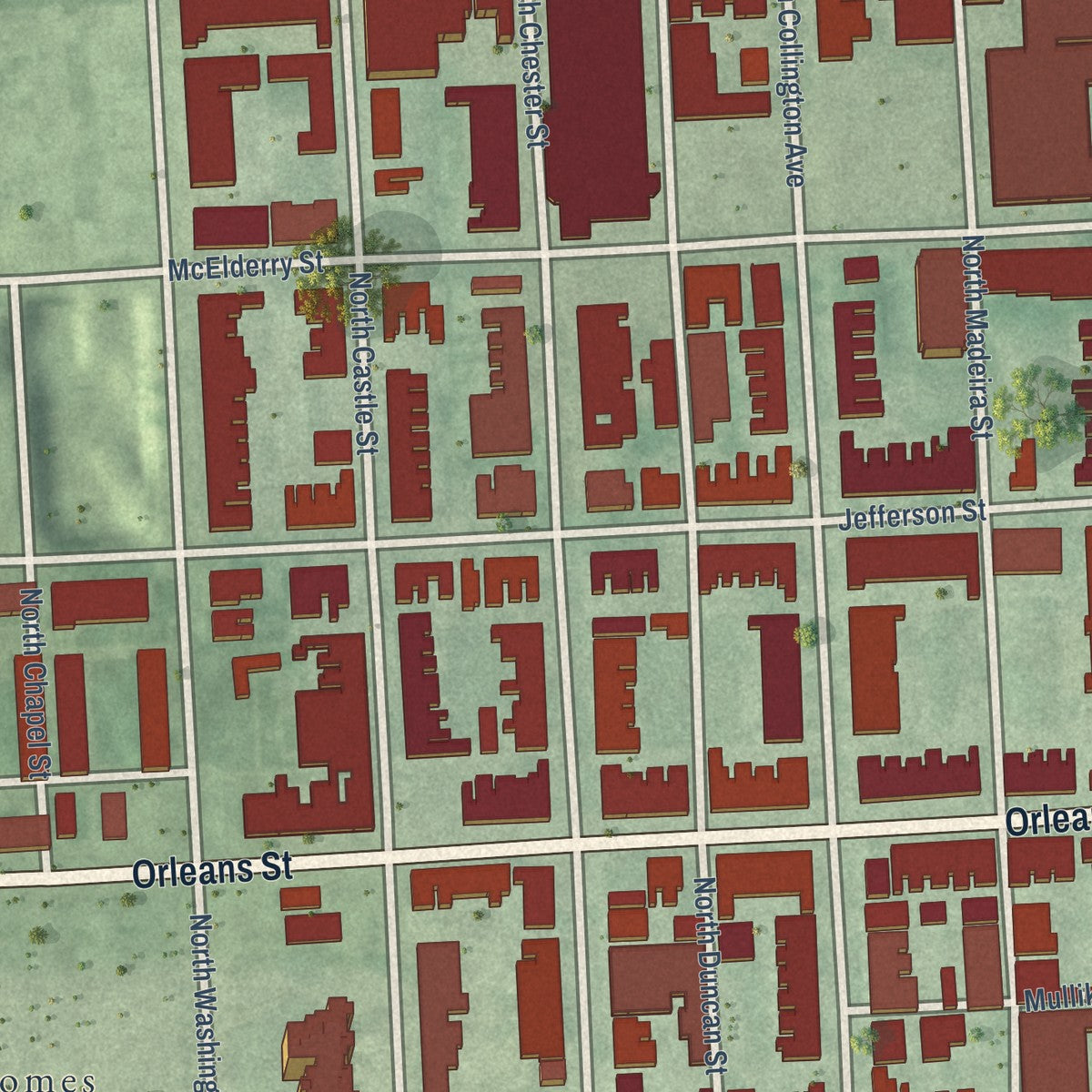 Close-up of the map of CARE, Maryland print showing street and building detail