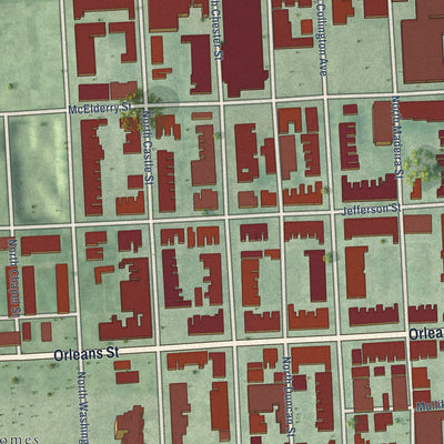 Close-up of the map of CARE, Maryland print showing street and building detail
