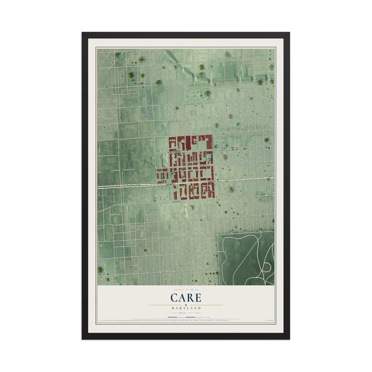 Map of CARE, Maryland, 12 x 18 inch print in a black wood frame