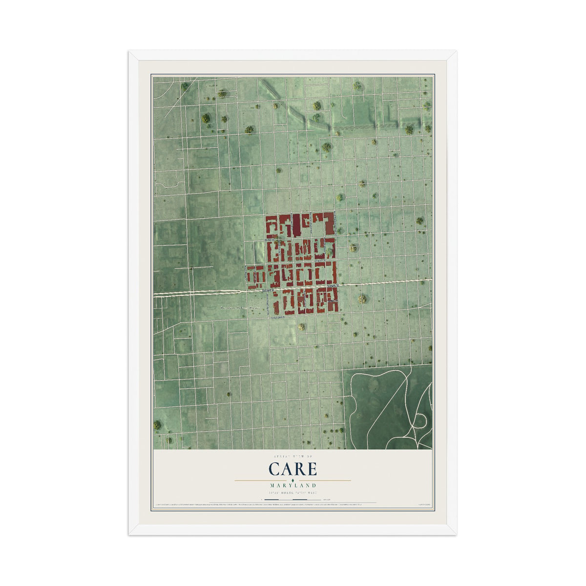 Map of CARE, Maryland, 12 x 18 inch print in a white wood frame