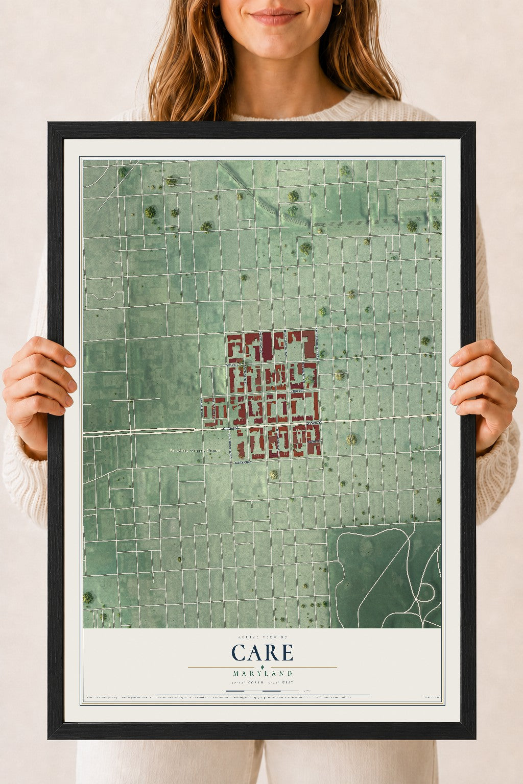 Map of CARE, Maryland, 18 x 24 inch print in a black wood frame