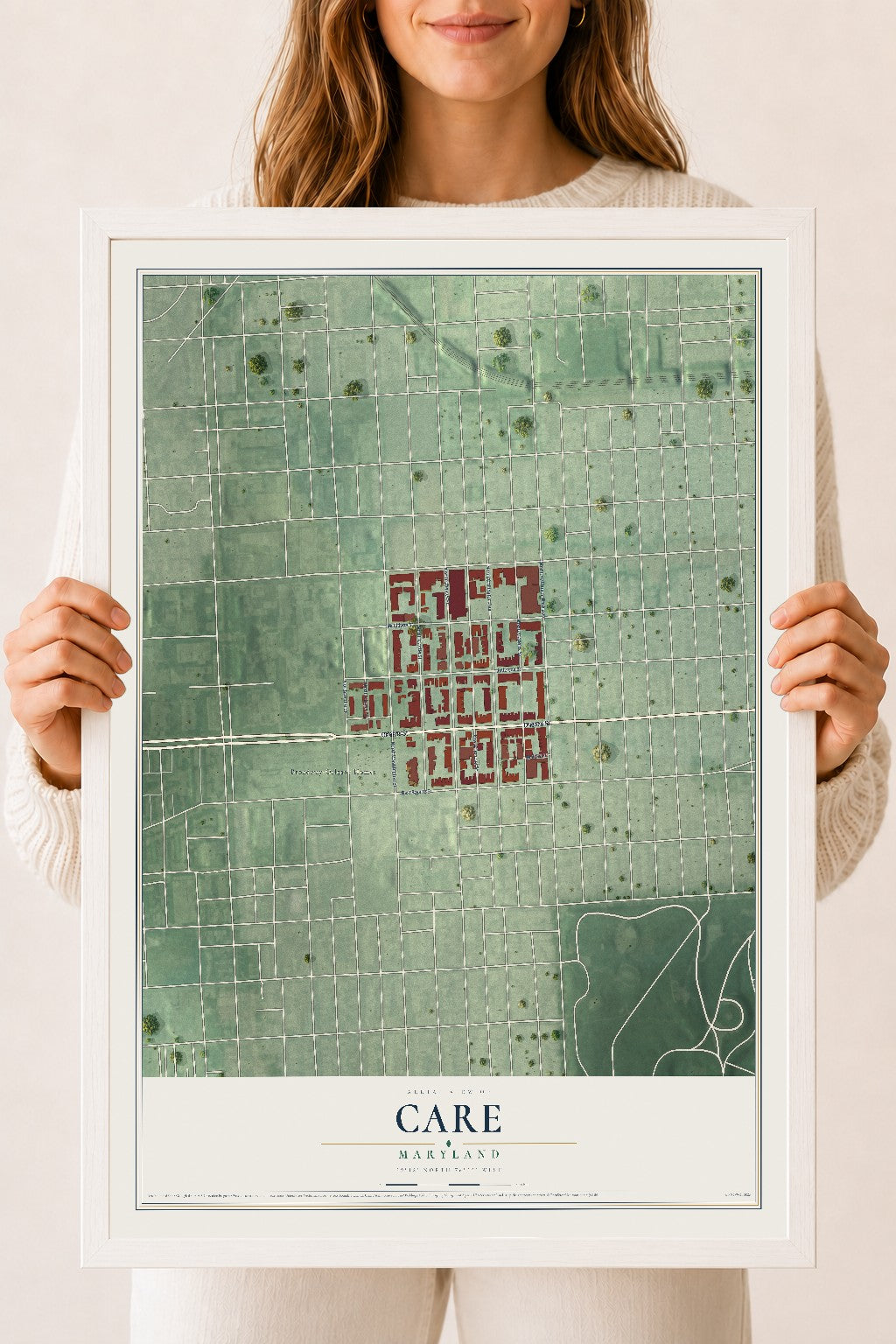 Map of CARE, Maryland, 18 x 24 inch print in a white wood frame
