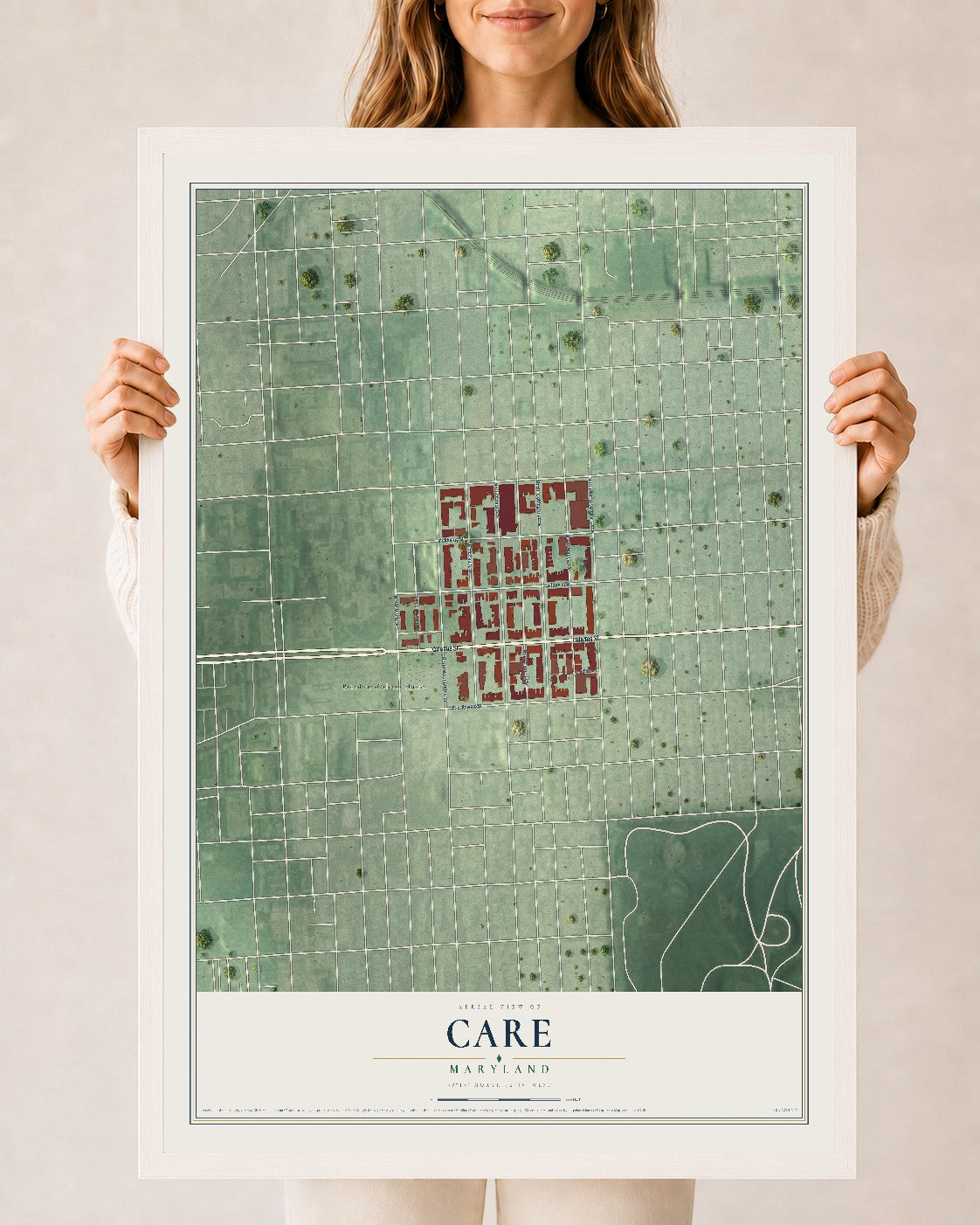 Map of CARE, Maryland, 24 x 36 inch print in a white wood frame