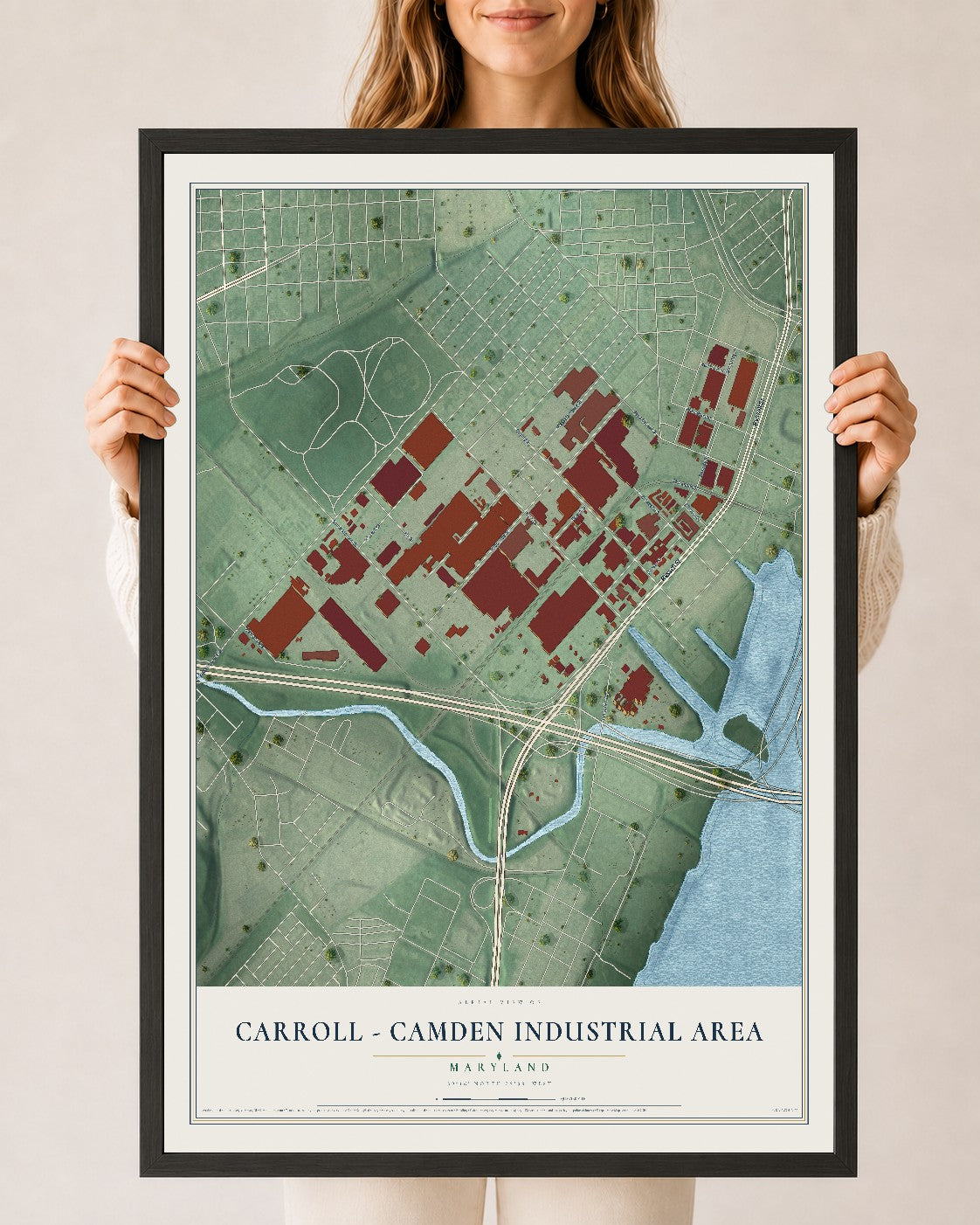 Map of Carroll - Camden Industrial Area, Maryland, 24 x 36 inch print in a black wood frame