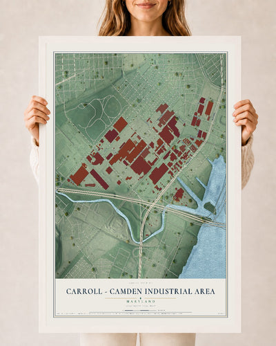Map of Carroll - Camden Industrial Area, Maryland, 24 x 36 inch print in a white wood frame
