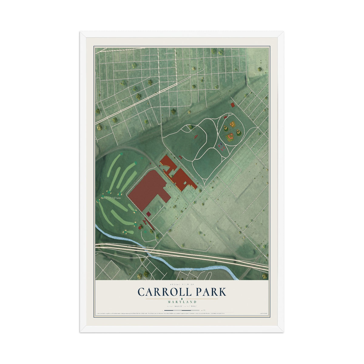 Map of Carroll Park, Maryland, 12 x 18 inch print in a white wood frame