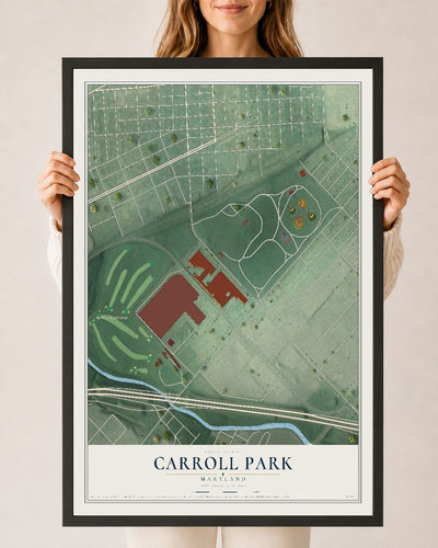 Map of Carroll Park, Maryland, 24 x 36 inch print in a black wood frame