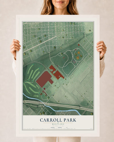 Map of Carroll Park, Maryland, 24 x 36 inch print in a white wood frame