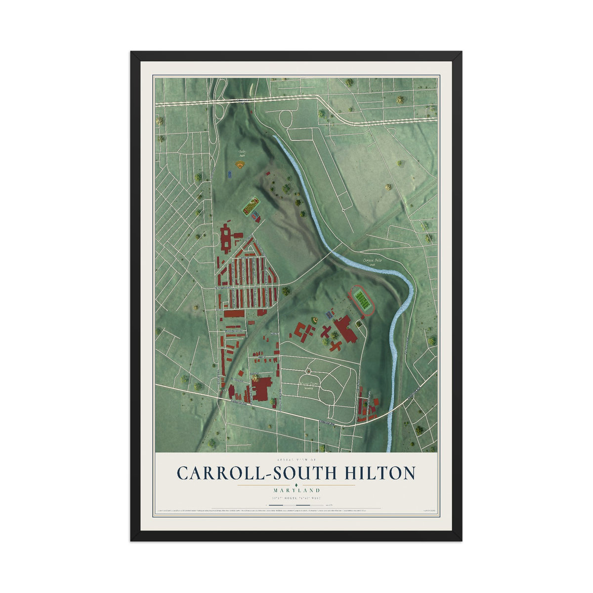 Map of Carroll-South Hilton, Maryland, 12 x 18 inch print in a black wood frame