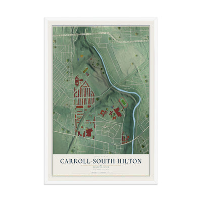 Map of Carroll-South Hilton, Maryland, 12 x 18 inch print in a white wood frame