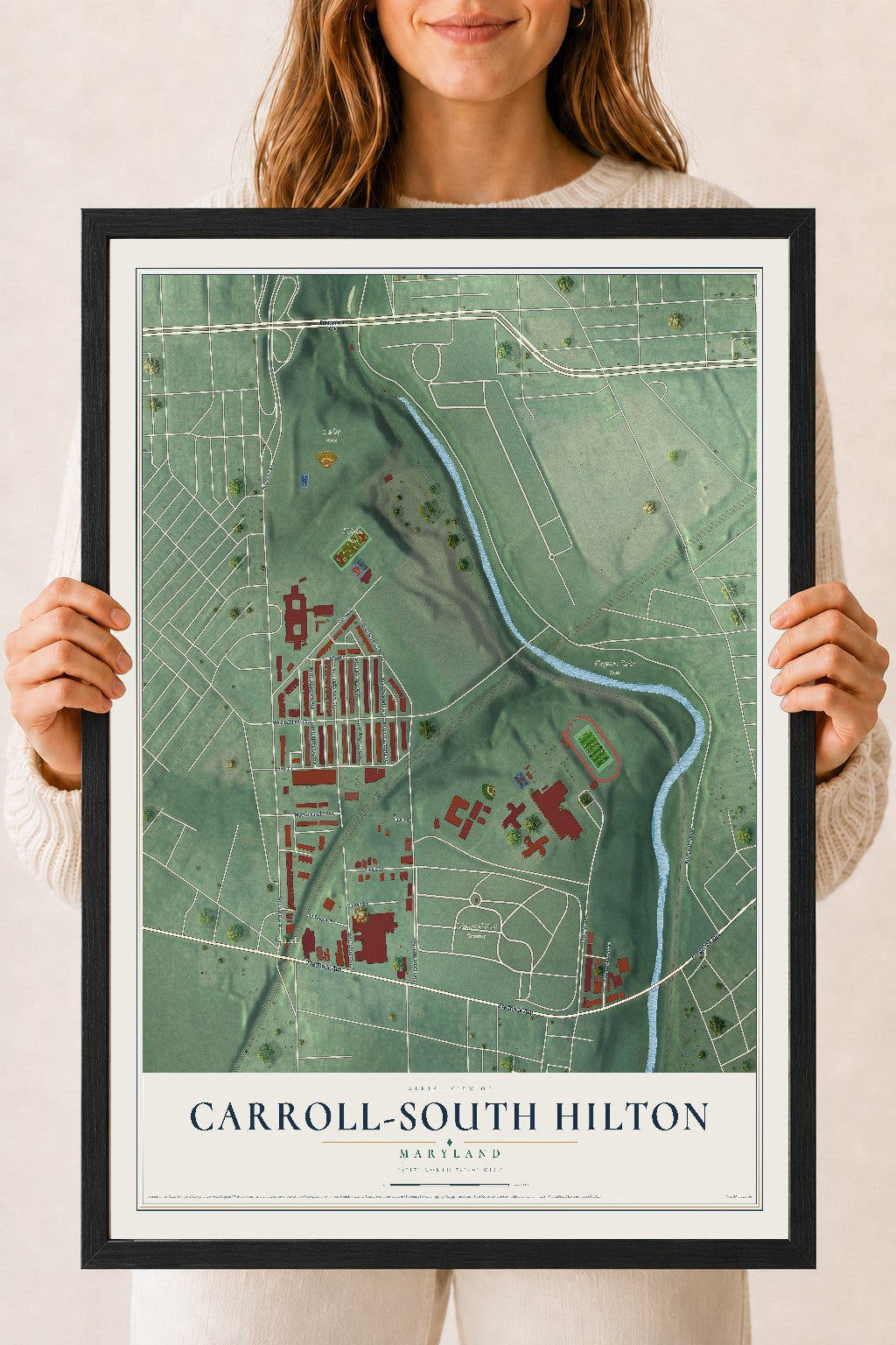 Map of Carroll-South Hilton, Maryland, 18 x 24 inch print in a black wood frame