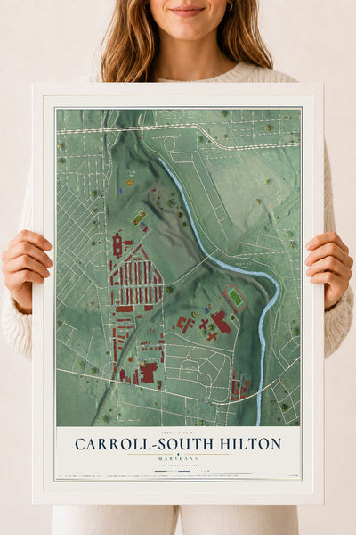 Map of Carroll-South Hilton, Maryland, 18 x 24 inch print in a white wood frame