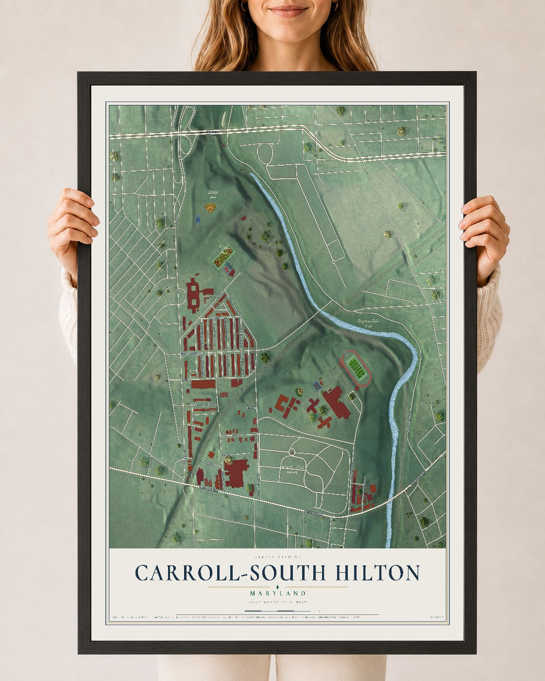 Map of Carroll-South Hilton, Maryland, 24 x 36 inch print in a black wood frame