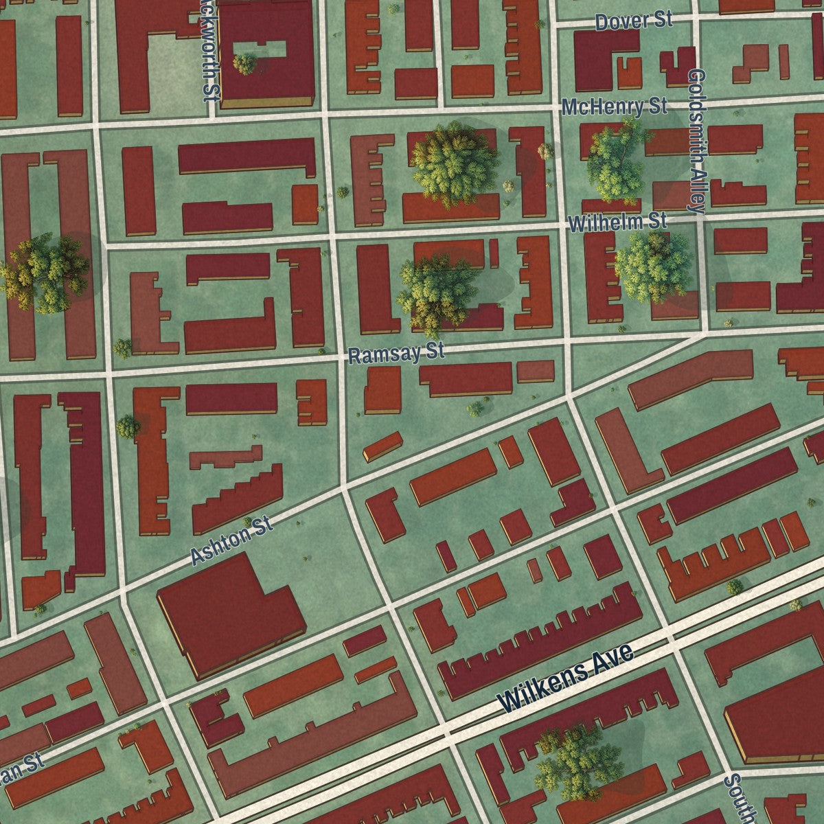 Close-up of the map of Carrollton Ridge, Maryland print showing street and building detail
