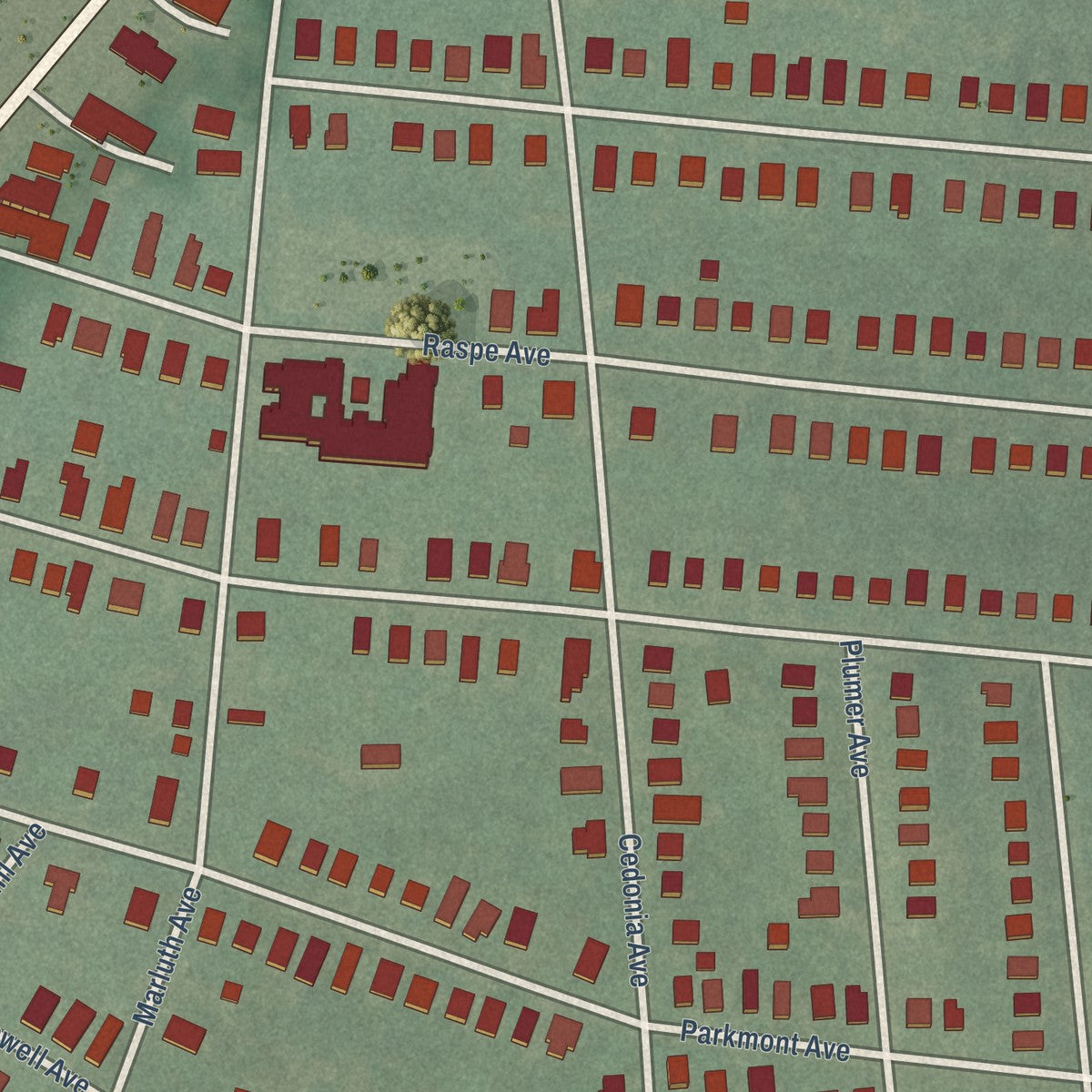 Close-up of the map of Cedmont, Maryland print showing street and building detail
