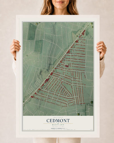 Map of Cedmont, Maryland, 24 x 36 inch print in a white wood frame