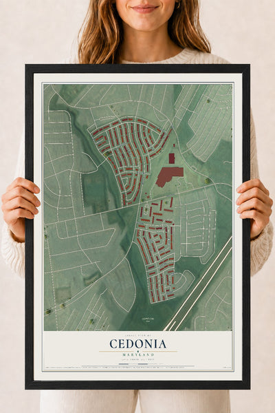Map of Cedonia, Maryland, 18 x 24 inch print in a black wood frame