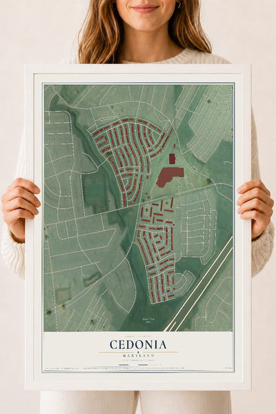 Map of Cedonia, Maryland, 18 x 24 inch print in a white wood frame