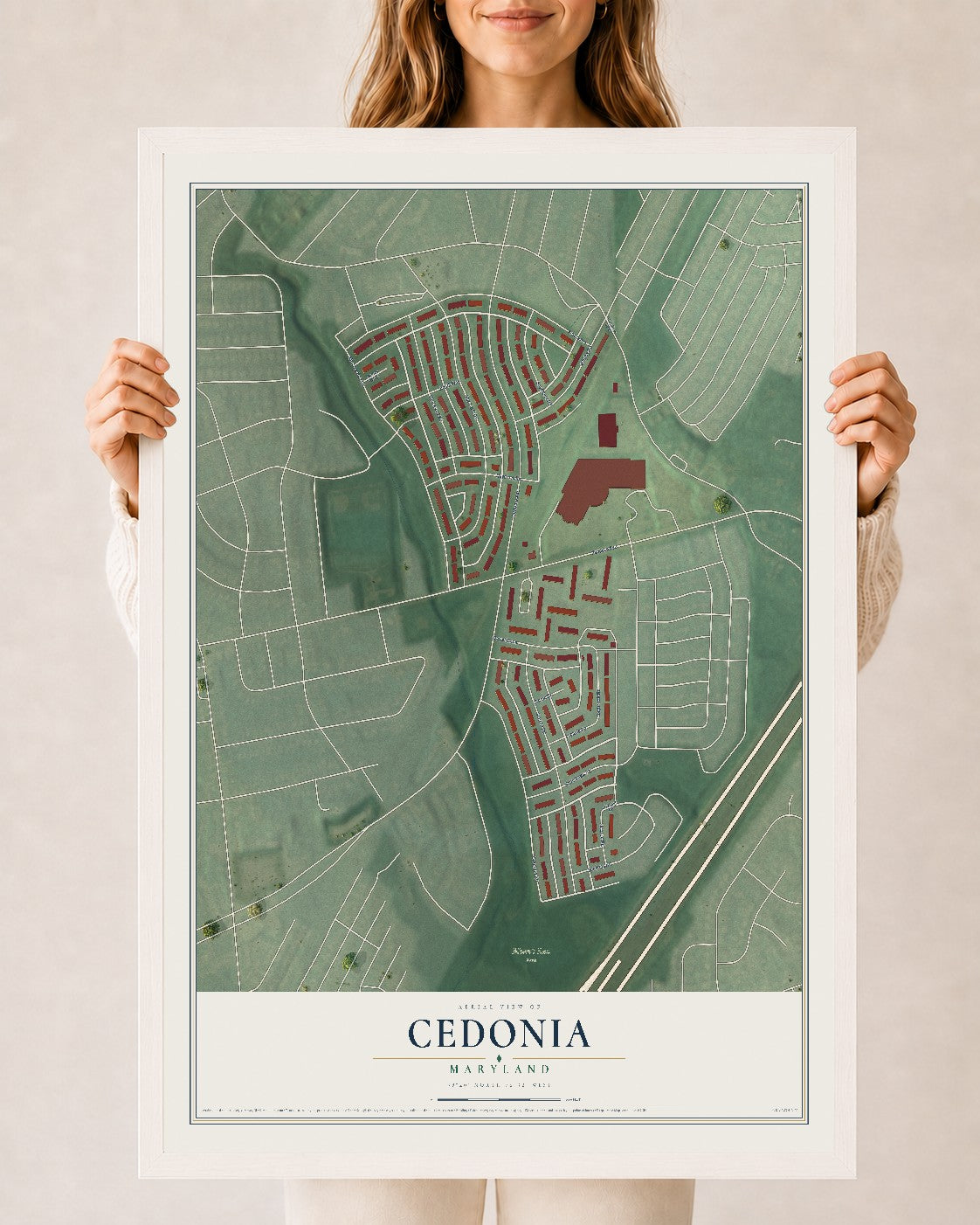 Map of Cedonia, Maryland, 24 x 36 inch print in a white wood frame