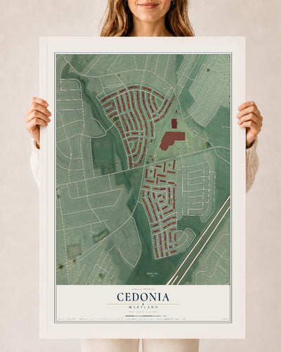 Map of Cedonia, Maryland, 24 x 36 inch print in a white wood frame