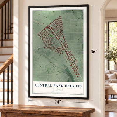 Central Park Heights, Maryland map, 24 x 36 inch print in a black frame by a staircase