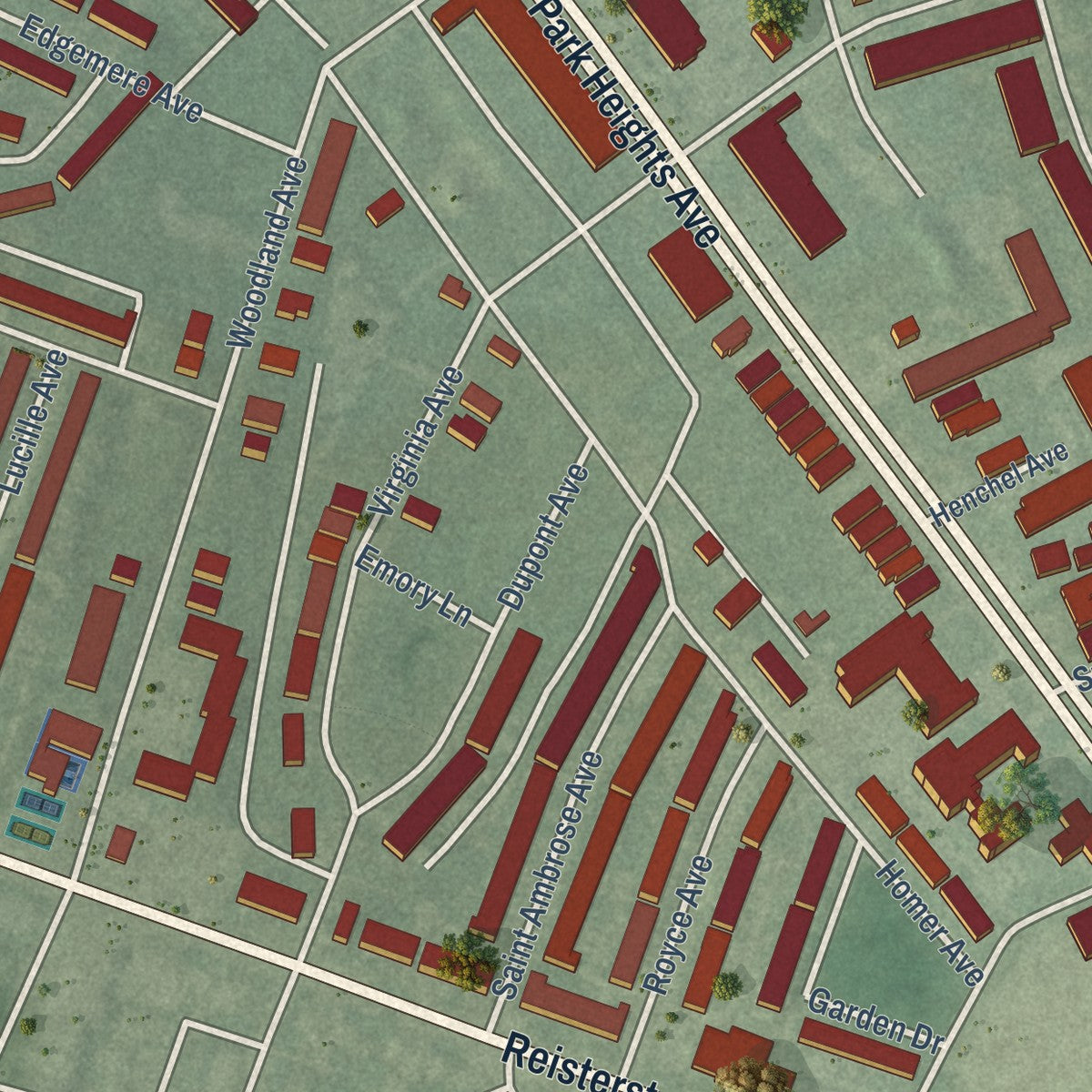 Second close-up of the map of Central Park Heights, Maryland print showing more streets and buildings