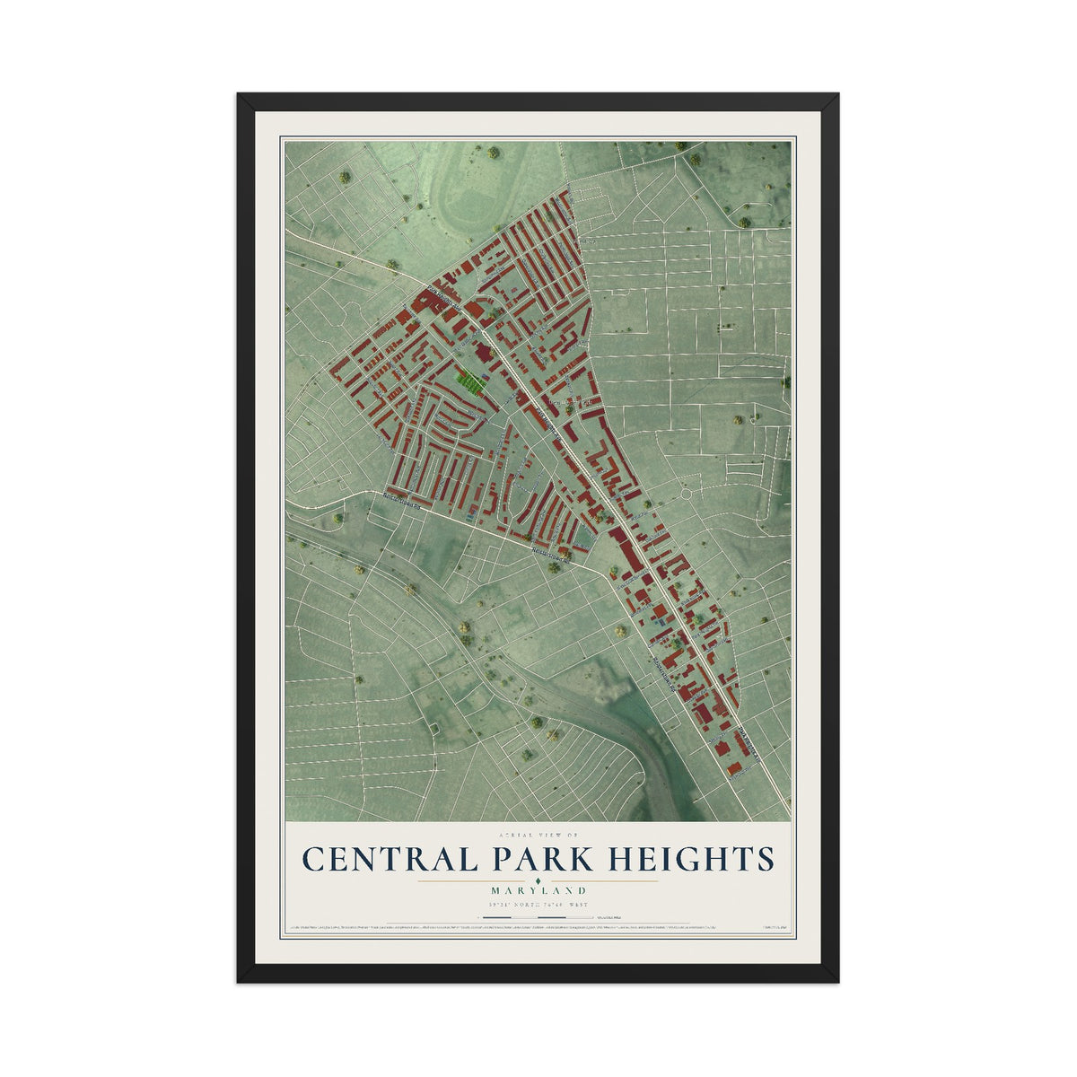Map of Central Park Heights, Maryland, 12 x 18 inch print in a black wood frame