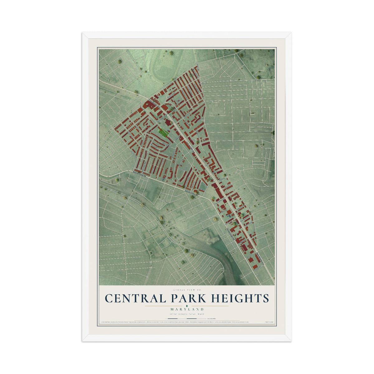 Map of Central Park Heights, Maryland, 12 x 18 inch print in a white wood frame