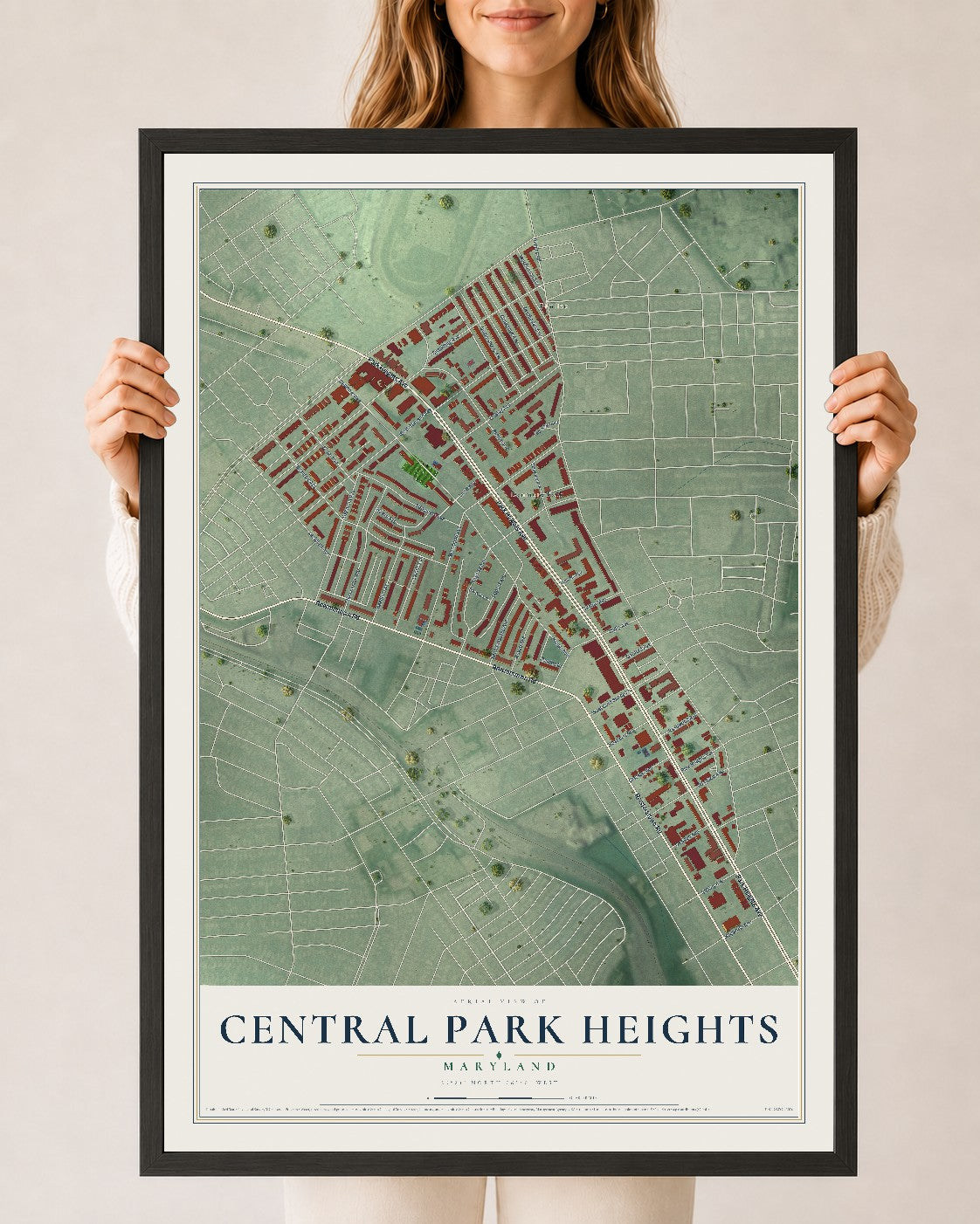 Map of Central Park Heights, Maryland, 24 x 36 inch print in a black wood frame