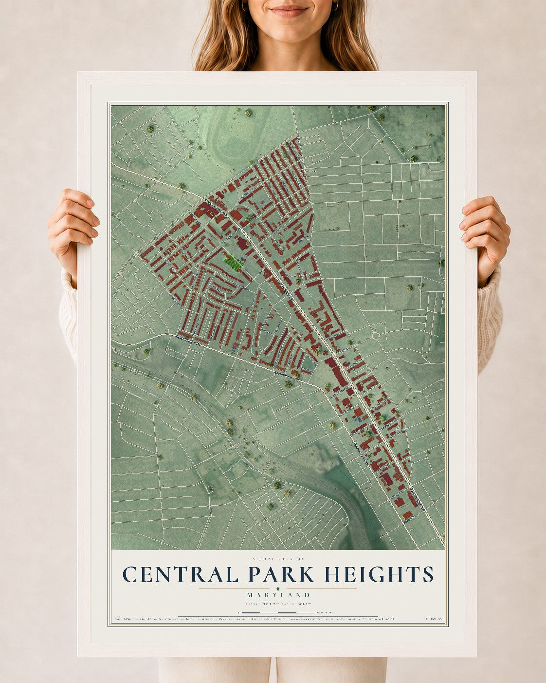 Map of Central Park Heights, Maryland, 24 x 36 inch print in a white wood frame