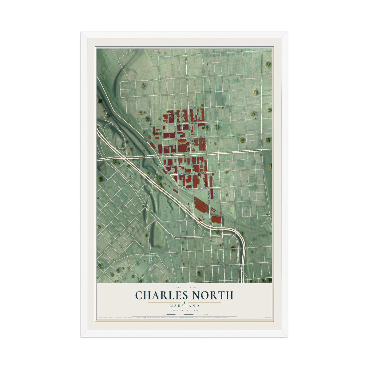 Map of Charles North, Maryland, 12 x 18 inch print in a white wood frame