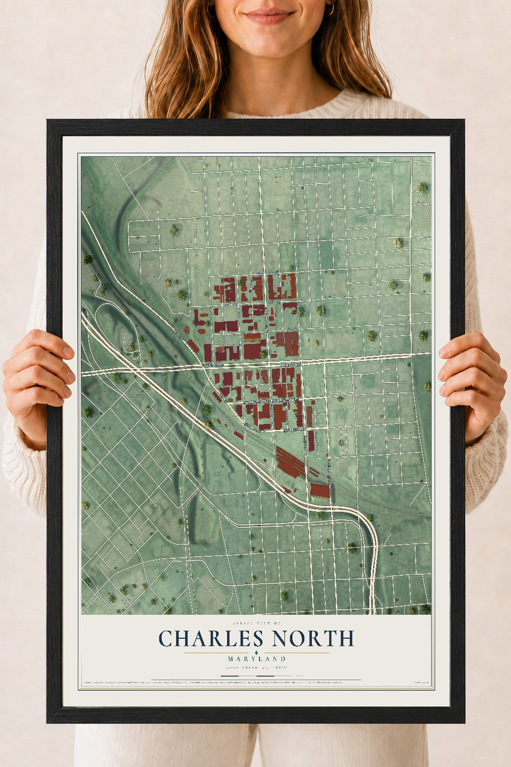 Map of Charles North, Maryland, 18 x 24 inch print in a black wood frame