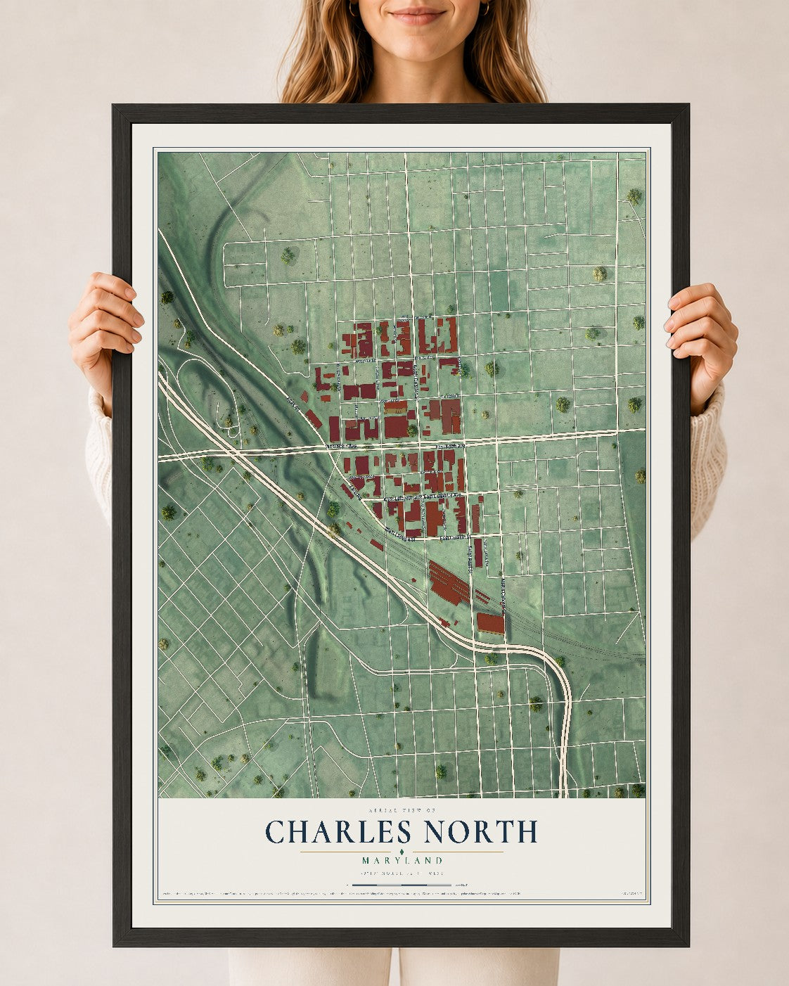 Map of Charles North, Maryland, 24 x 36 inch print in a black wood frame