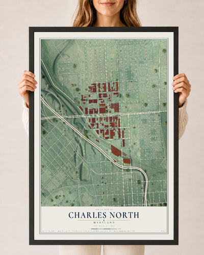 Map of Charles North, Maryland, 24 x 36 inch print in a black wood frame