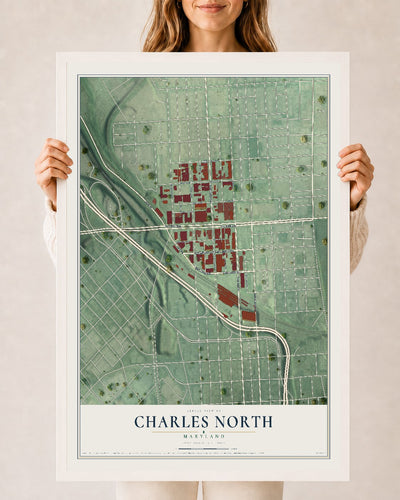 Map of Charles North, Maryland, 24 x 36 inch print in a white wood frame