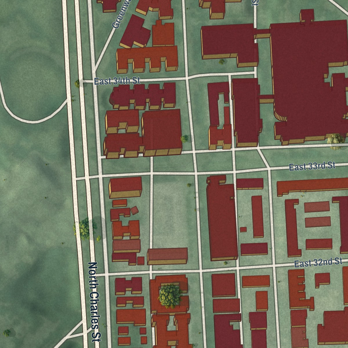 Second close-up of the map of Charles Village, Maryland print showing more streets and buildings