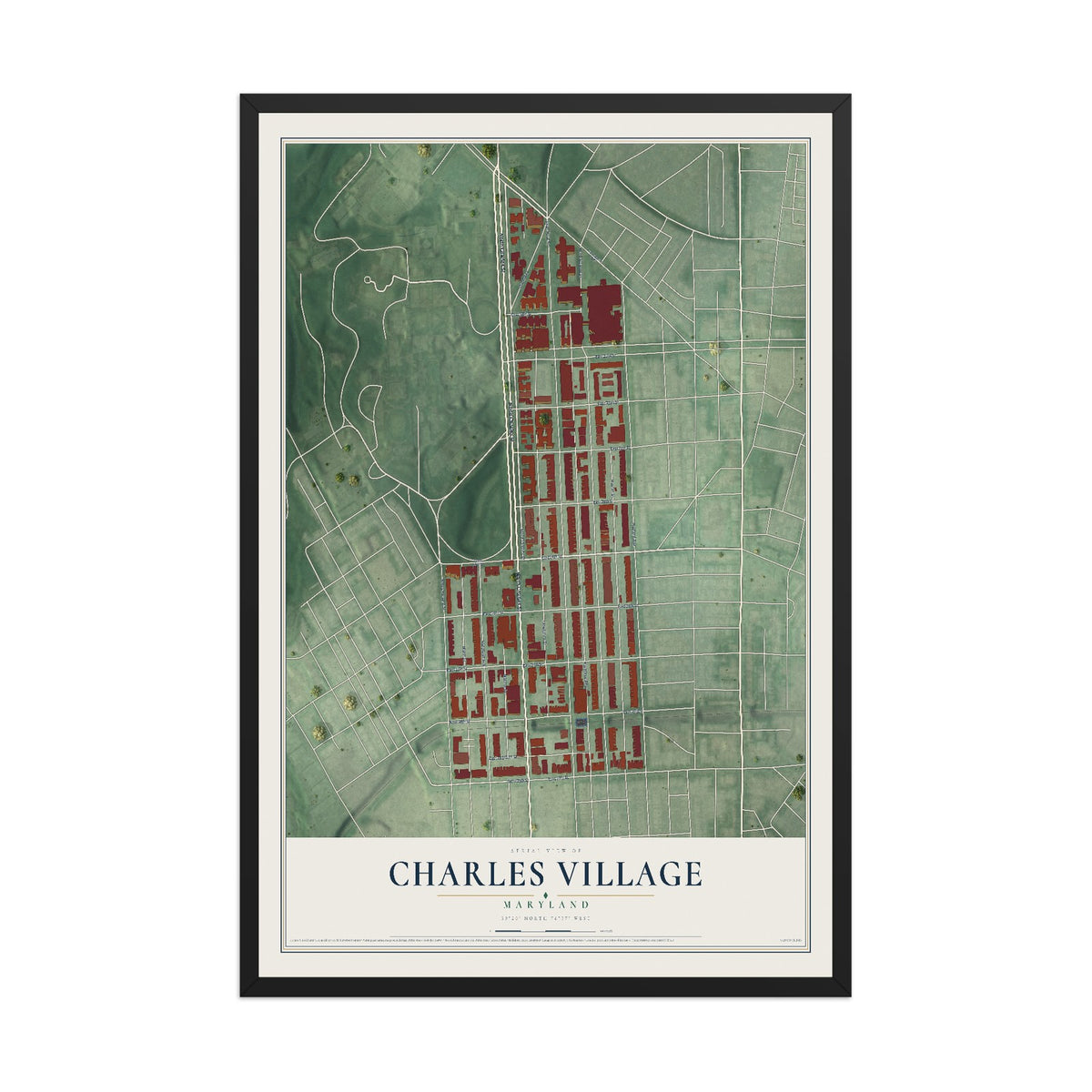 Map of Charles Village, Maryland, 12 x 18 inch print in a black wood frame
