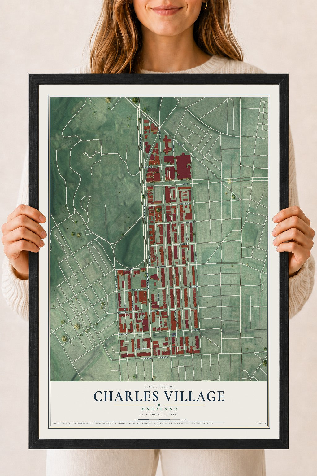 Map of Charles Village, Maryland, 18 x 24 inch print in a black wood frame